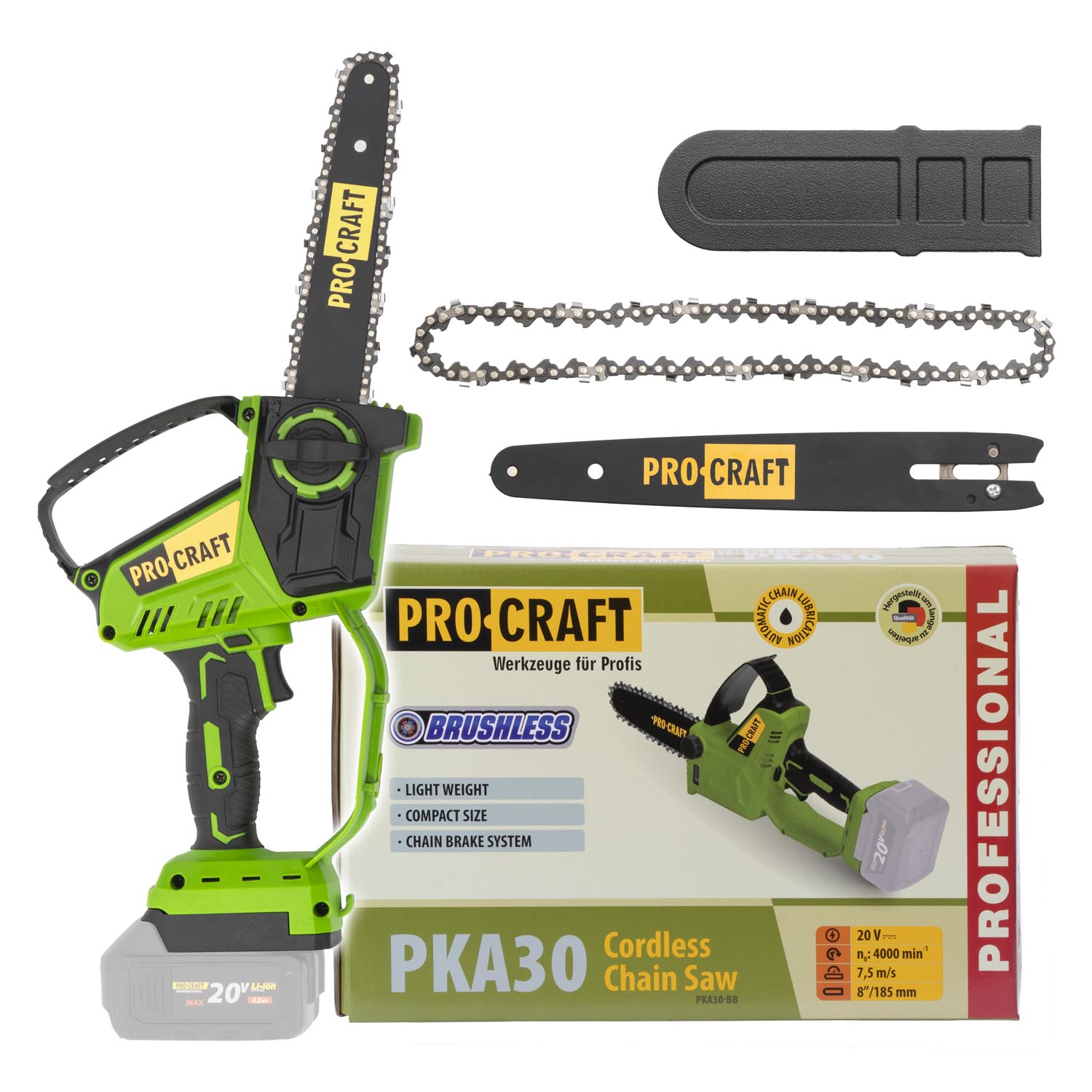 PKA30 PROCRAFT Безчетков акумулаторен верижен трион 8", карвинг шина