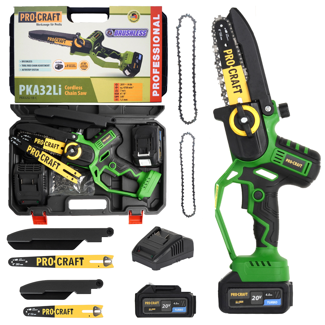 Procraft PKA32Li Акумулаторен безчетков верижен трион 6" и 8", 1 бр батерия 20V 4Ah, 1 бр зарядно, 2 бр шини и вериги, куфар.