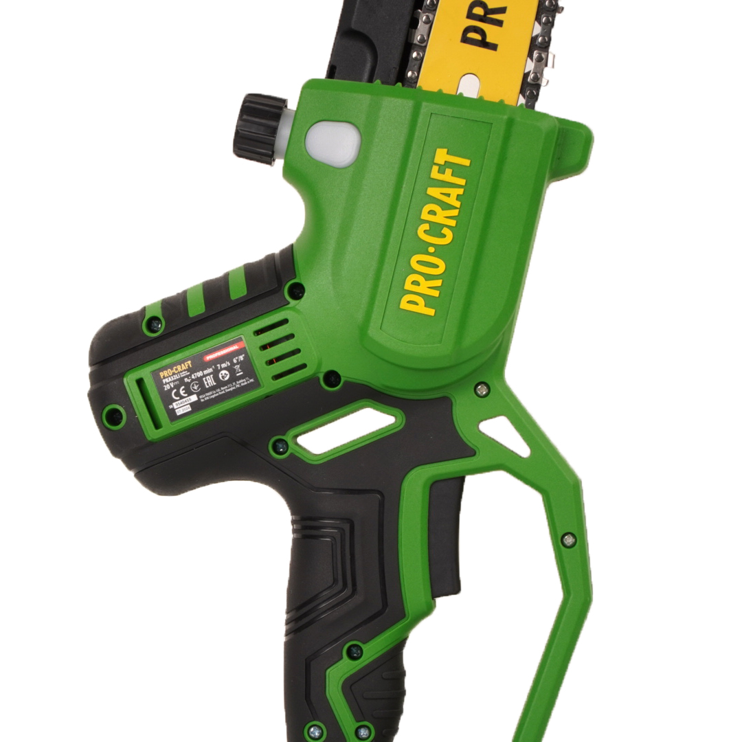 PKA32Li Procraft Акумулаторен безчетков верижен трион 6″ и 8″, 1 бр батерия 20V 4Ah, 1 бр зарядно, 2 бр шини и вериги, куфар.