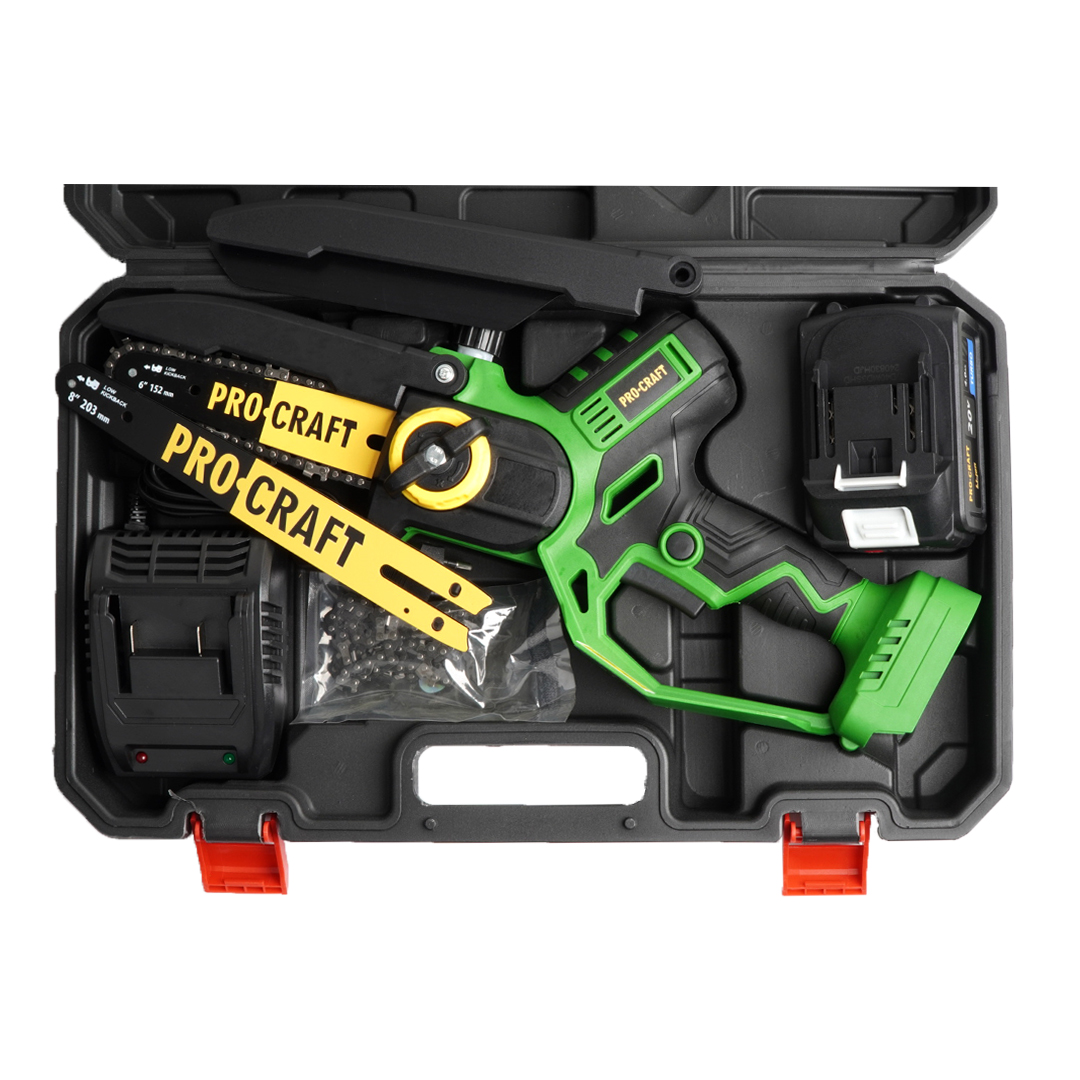PKA32Li Procraft Акумулаторен безчетков верижен трион 6″ и 8″, 1 бр батерия 20V 4Ah, 1 бр зарядно, 2 бр шини и вериги, куфар.