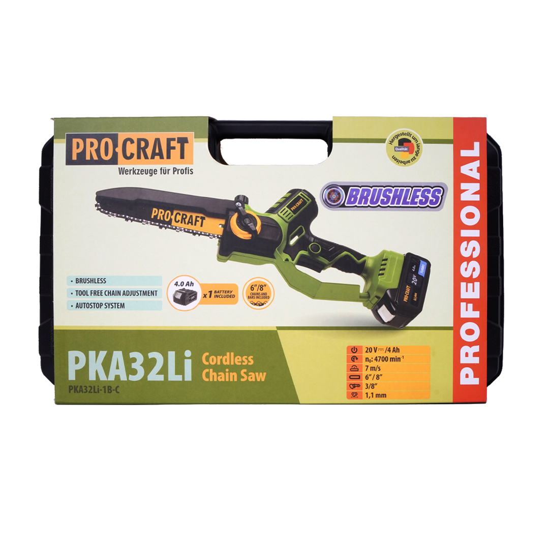 PKA32Li Procraft Акумулаторен безчетков верижен трион 6″ и 8″, 1 бр батерия 20V 4Ah, 1 бр зарядно, 2 бр шини и вериги, куфар.