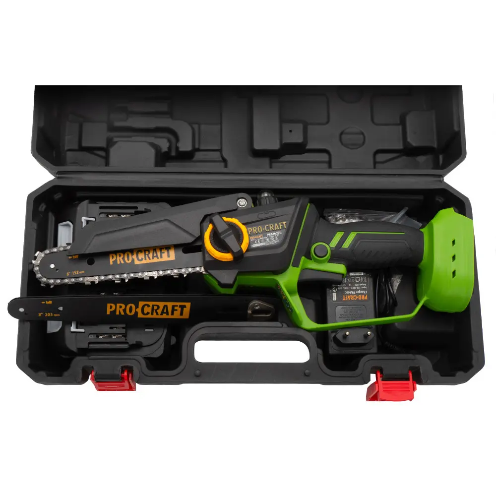 PKA46 Procraft Brushless Акумулаторен безчетков верижен трион с 2 бр шини, 2 бр вериги, 2 бр батерия и 1 бр зарядно.
