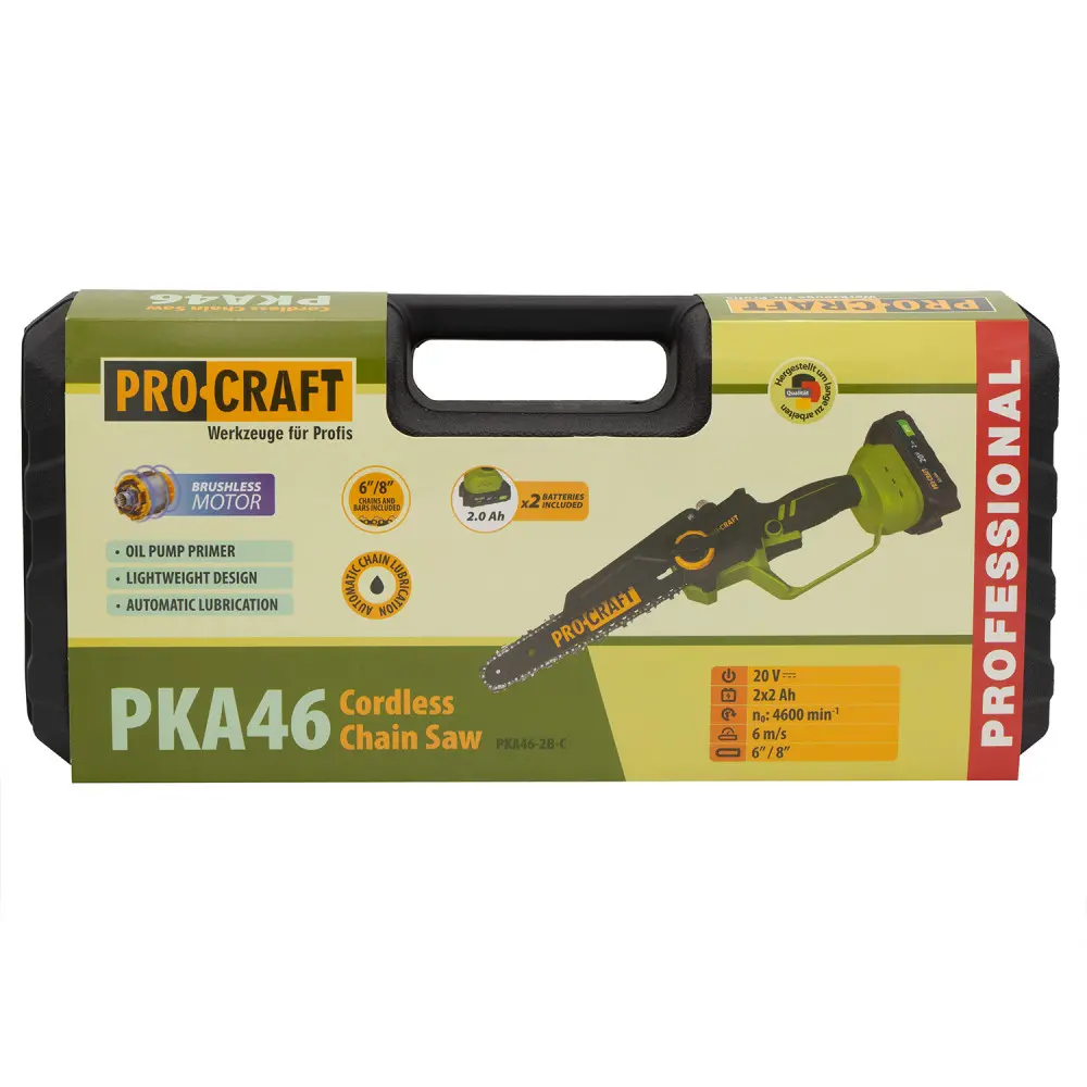 PKA46 Procraft Brushless Акумулаторен безчетков верижен трион с 2 бр шини, 2 бр вериги, 2 бр батерия и 1 бр зарядно.