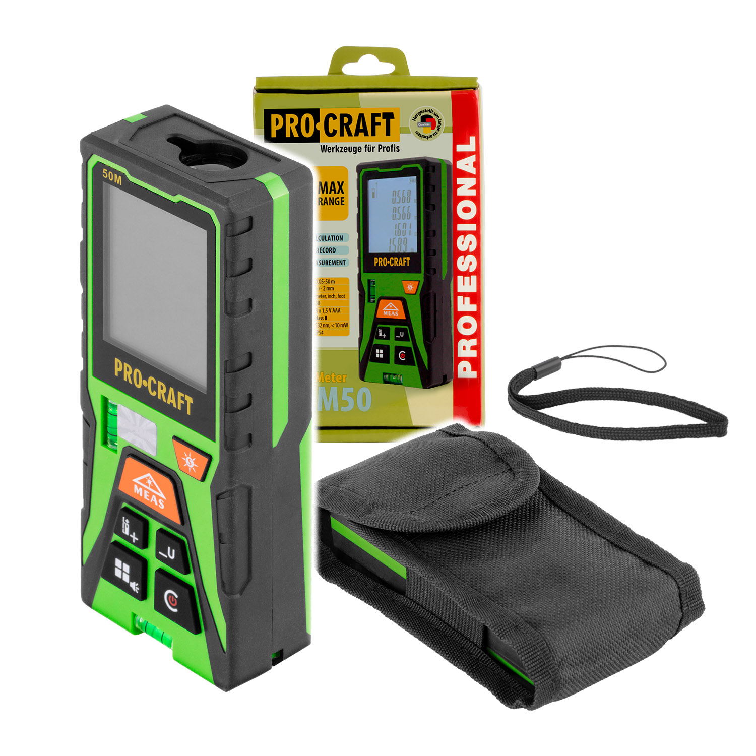 PROCRAFT PLDM50 Лазерна ролетка 0.05–50 м, зелен лъч, с батерии 3x1.5V AAA Лазерната ролетка PROCRAFT PLDM50 е компактен и прецизен уред за измерване на разстояния, площи и обеми с обхват до 50 метра. Благодарение на зеления лазерен лъч, измерванията остават ясно видими дори при ярка светлина, което я прави подходяща както за закрити помещения, така и за работа на открито. Устройството съчетава точност, лесна употреба и висока надеждност в ергономичен корпус с интуитивно управление. Ключови предимства: • Обхват на измерване: 0.05–50 м – идеален за интериорни и строителни приложения • Зелен лазерен лъч – по-добра видимост в ярка среда • Висока точност: ±2 мм • Изчисляване на площ, обем и индиректни измервания по Питагоровата теорема • Непрекъснат режим за бързи последователни измервания • Голям LCD дисплей с подсветка за работа при слаба осветеност • Памет за последни измервания – улеснява повторни изчисления • Енергоспестяваща функция – автоматично изключване при неактивност • Ергономичен и лек корпус с противоплъзгащо покритие • Захранване от 3 батерии AAA (включени в комплекта) Технически характеристики: • Модел: PLDM50 • Тип: лазерна ролетка • Обхват на измерване: 0.05–50 м • Точност: ±2 мм • Лазерен лъч: зелен • Функции: разстояние, площ, обем, Питагорови изчисления, непрекъснато измерване • Дисплей: LCD с подсветка • Захранване: 3x1.5V AAA батерии • Автоматично изключване: да • Работна температура: 0°C до +40°C • Тегло: около 150 г • EAN: (няма данни) Съдържание на комплекта: • Лазерна ролетка PROCRAFT PLDM50 • 3 бр. батерии AAA • Калъф за съхранение • Ремък за китка • Ръководство за употреба Лазерната ролетка PROCRAFT PLDM50 е практичен инструмент за професионалисти и домашни майстори, осигуряващ бързо, точно и удобно измерване в различни условия. Компактният ѝ дизайн и зелената лазерна технология я правят отличен избор за ежедневна употреба в строителството, интериорния дизайн и монтажа.