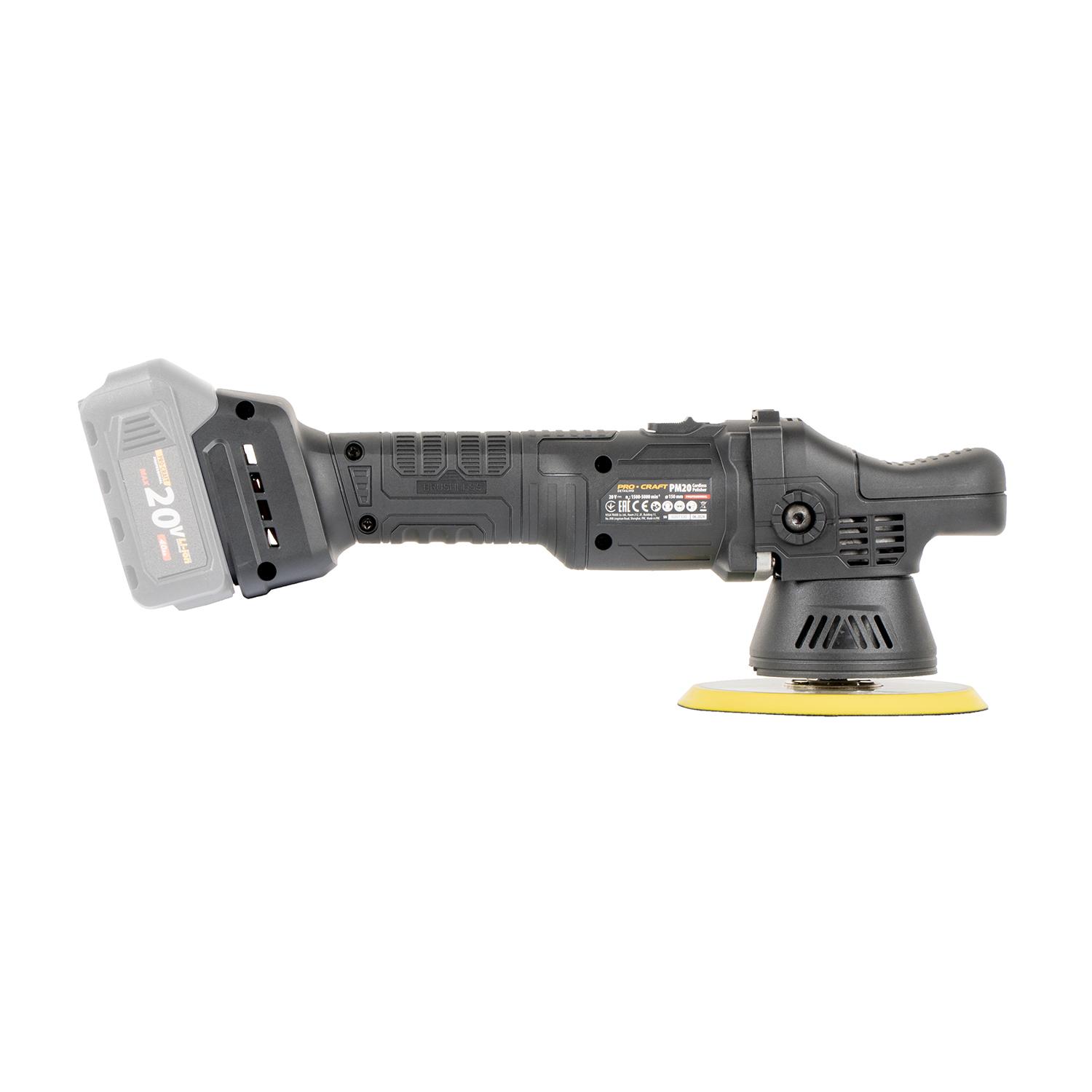 PROCRAFT PM20 Акумулаторна орбитална ексцентър полирмашина, 20V, 125/150 мм, ексцентритет 15 мм