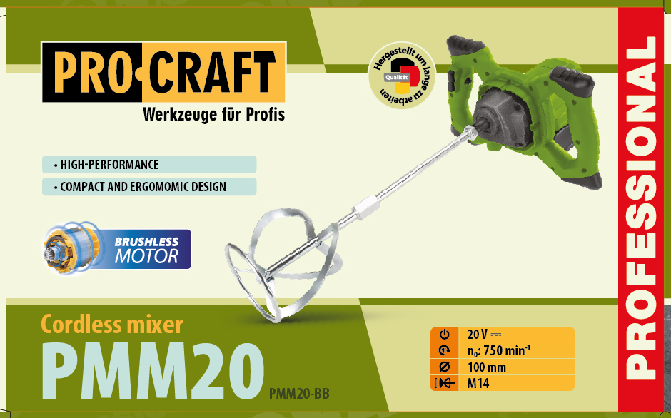 PROCRAFT PMM20 Акумулаторна бъркалка за строителни материали, 20V, 0-750 об./мин
