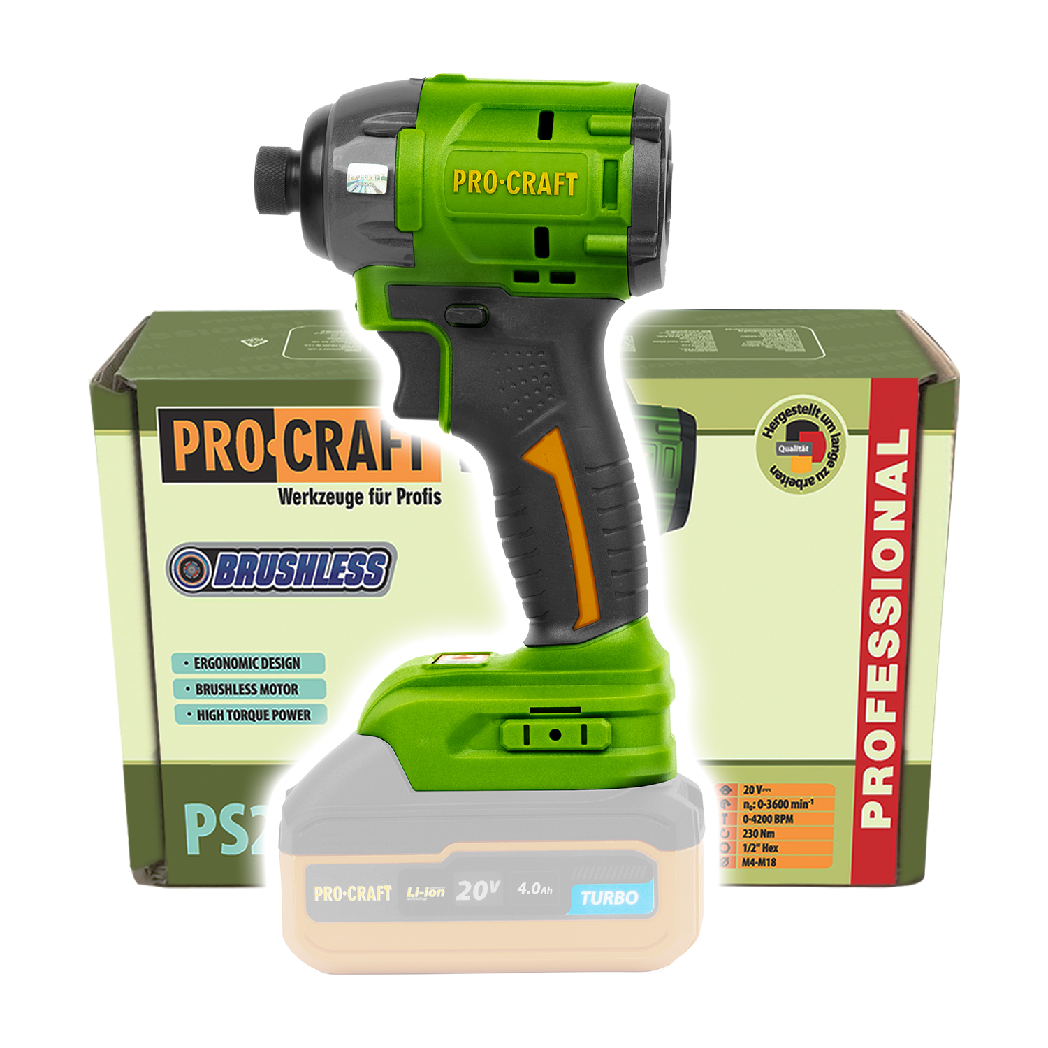 PROCRAFT PS22 Акумулаторен безчетков винтоверт 1/4 HEX, 20V, 230 Nm (body - без батерии и зарядно)
