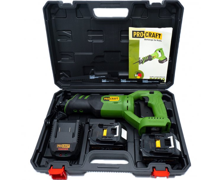 PROCRAFT PSS20 Акумулаторен безчетков саблен трион, куфар, 2 батерии 20V 4Ah, зарядно 20V.