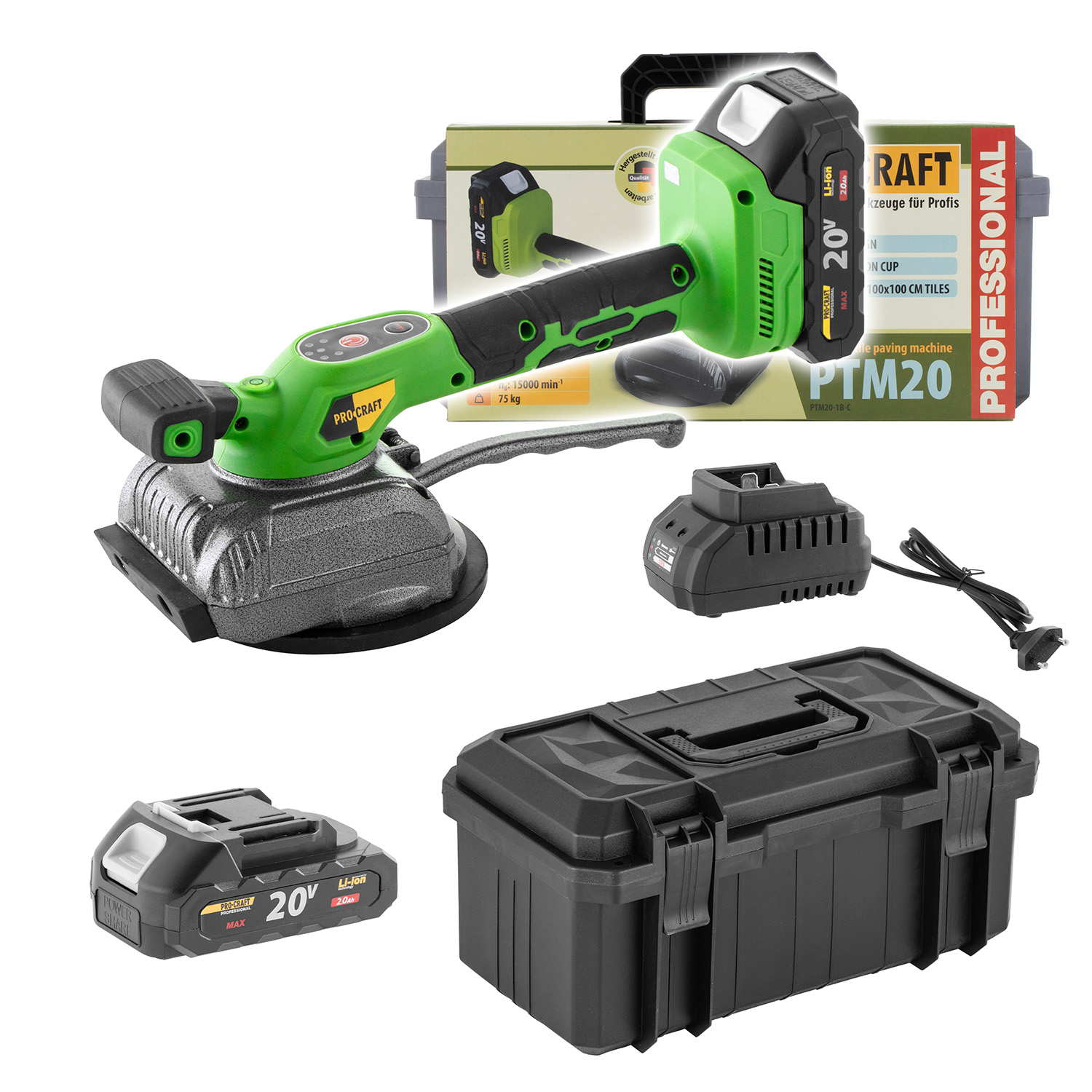 PROCRAFT PTM20-1b-c Акумулаторна вибрираща вендуза за плочки, 20V, 130 мм, 75 кг, 1 бр батерия 2Ah и зарядно, куфар