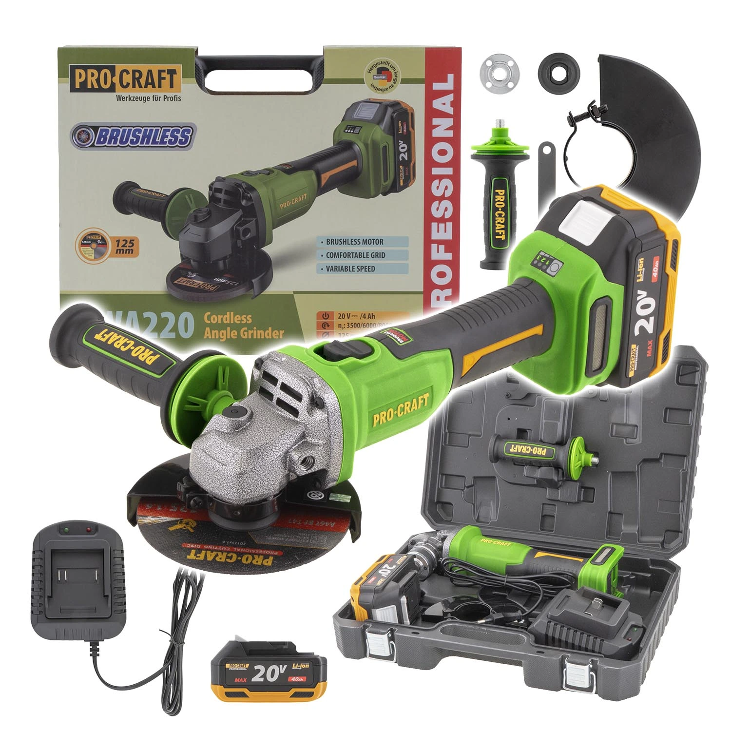 PROCRAFT PWA220 Акумулаторен безчетков ъглошлайф, 125 мм, 20V, 3500/6000/8500 об/мин, 1 батерия 4 Ah + зарядно.
