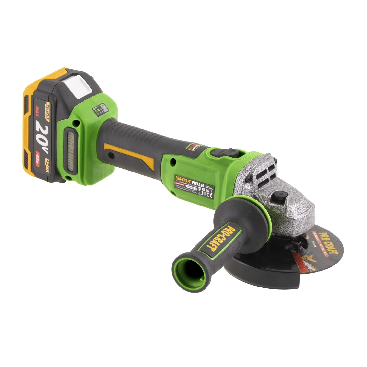 PROCRAFT PWA220 Акумулаторен безчетков ъглошлайф, 125 мм, 20V, 3500/6000/8500 об/мин, 1 батерия 4 Ah + зарядно.