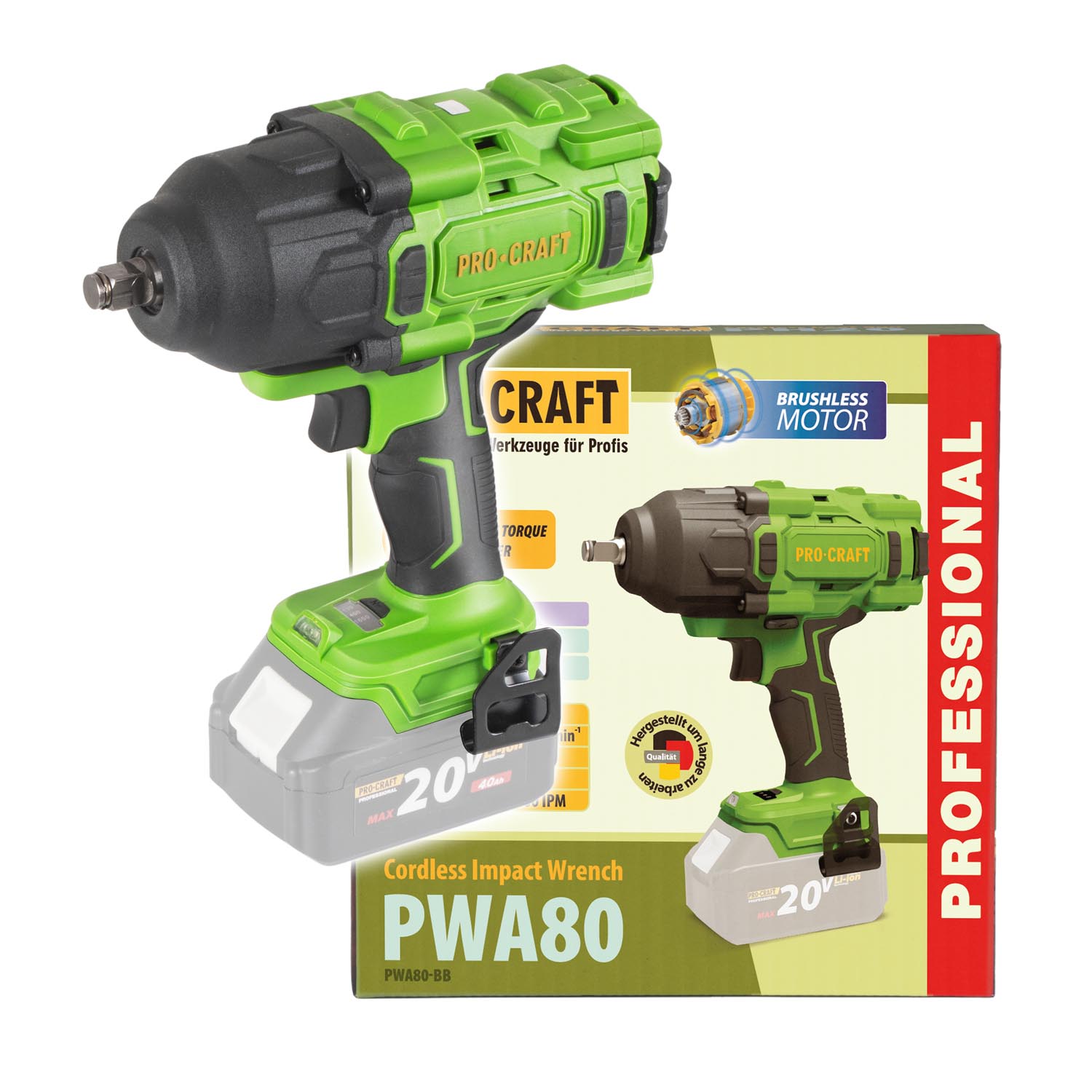 PROCRAFT PWA80 Безчетков акумулаторен ударен гайковерт, 20V, 400/1356/1600Nm, 0-1550 об./мин, безчетков, (body - без батерии и зарядно)
