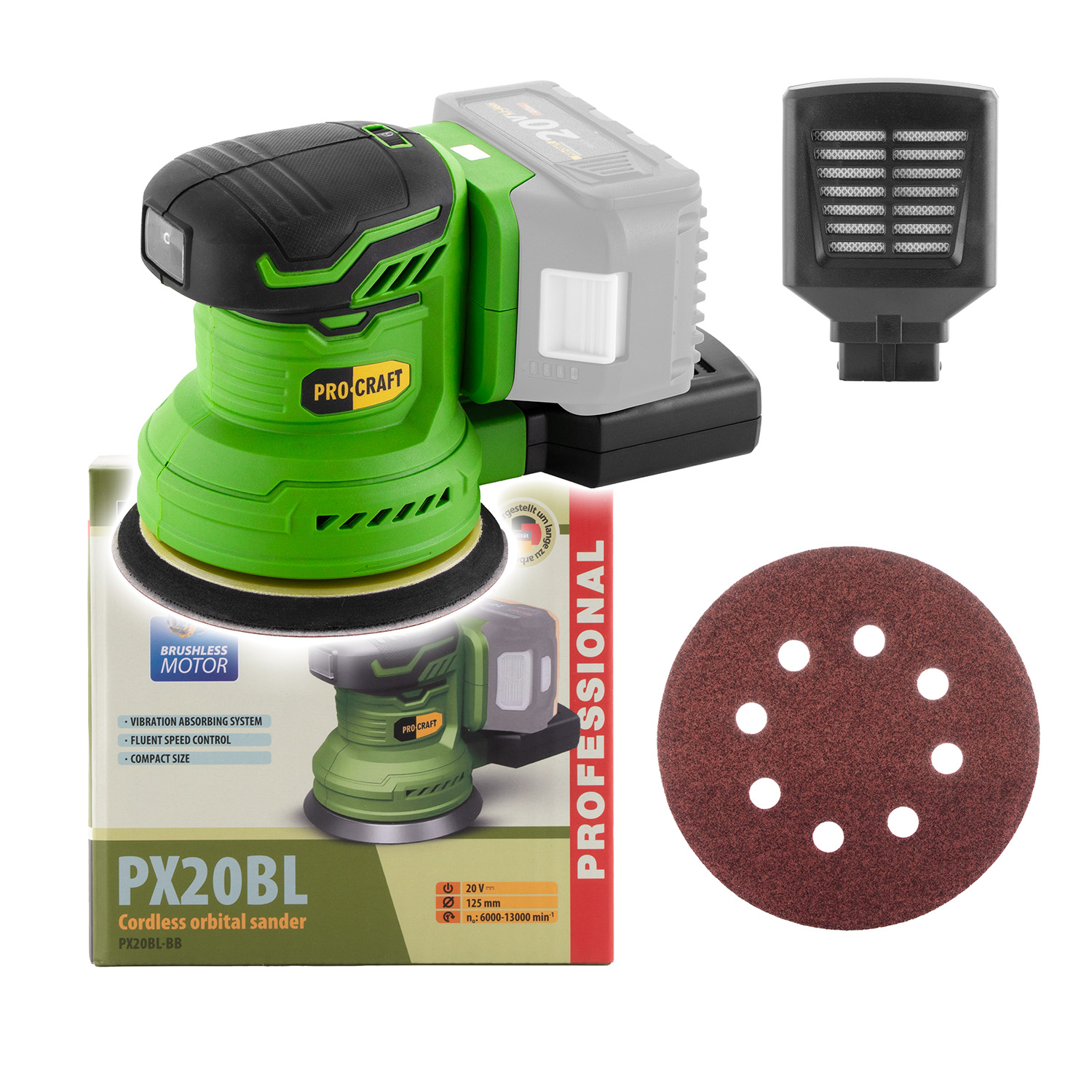 Procraft PX20BL Акумулаторен безчетков ексцентършлайф 20V (Solo - без батерия и зарядно)