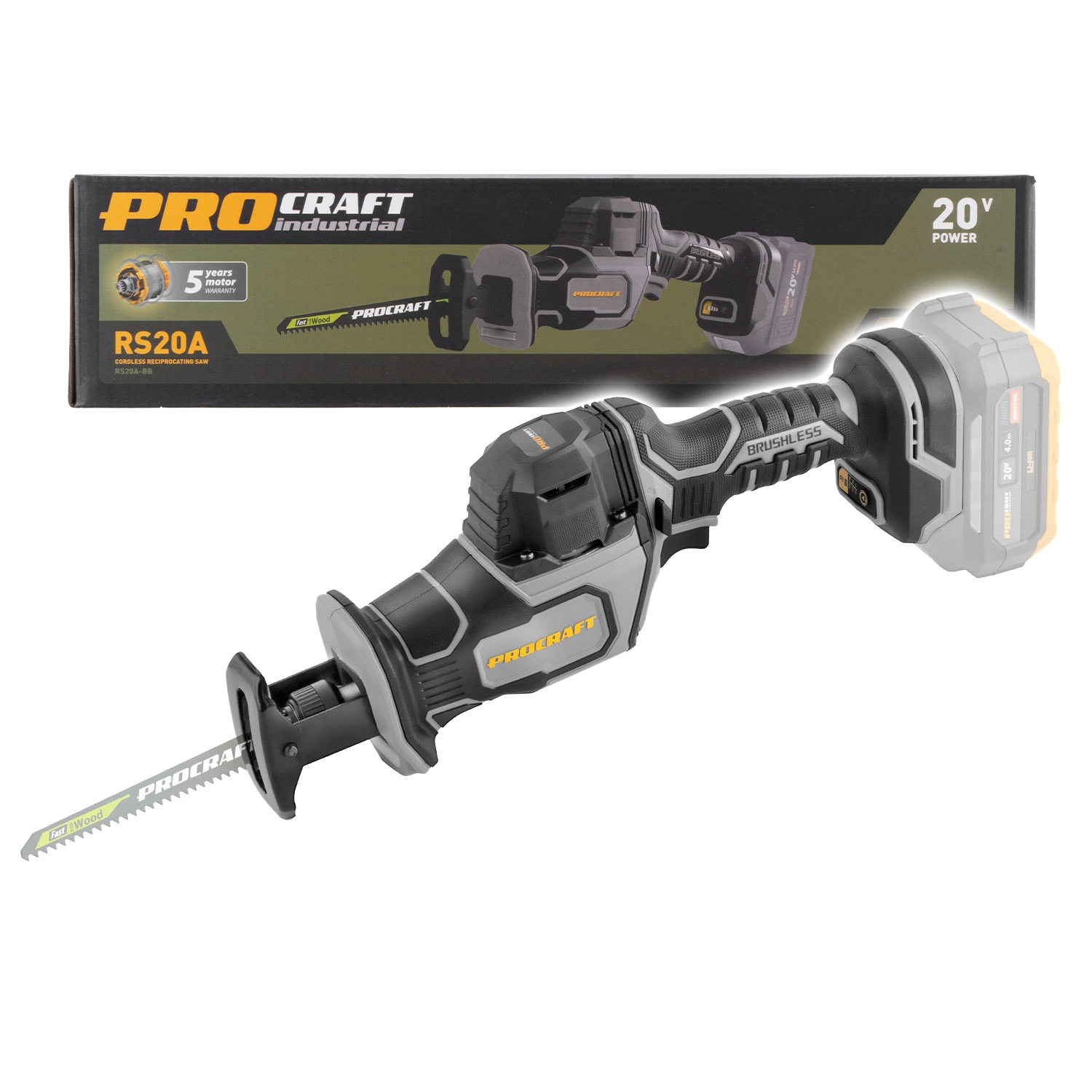 Procraft Industrial RS20Abb Акумулаторен саблен трион, контрол на скоростта, solo (без батерия и зарядно)