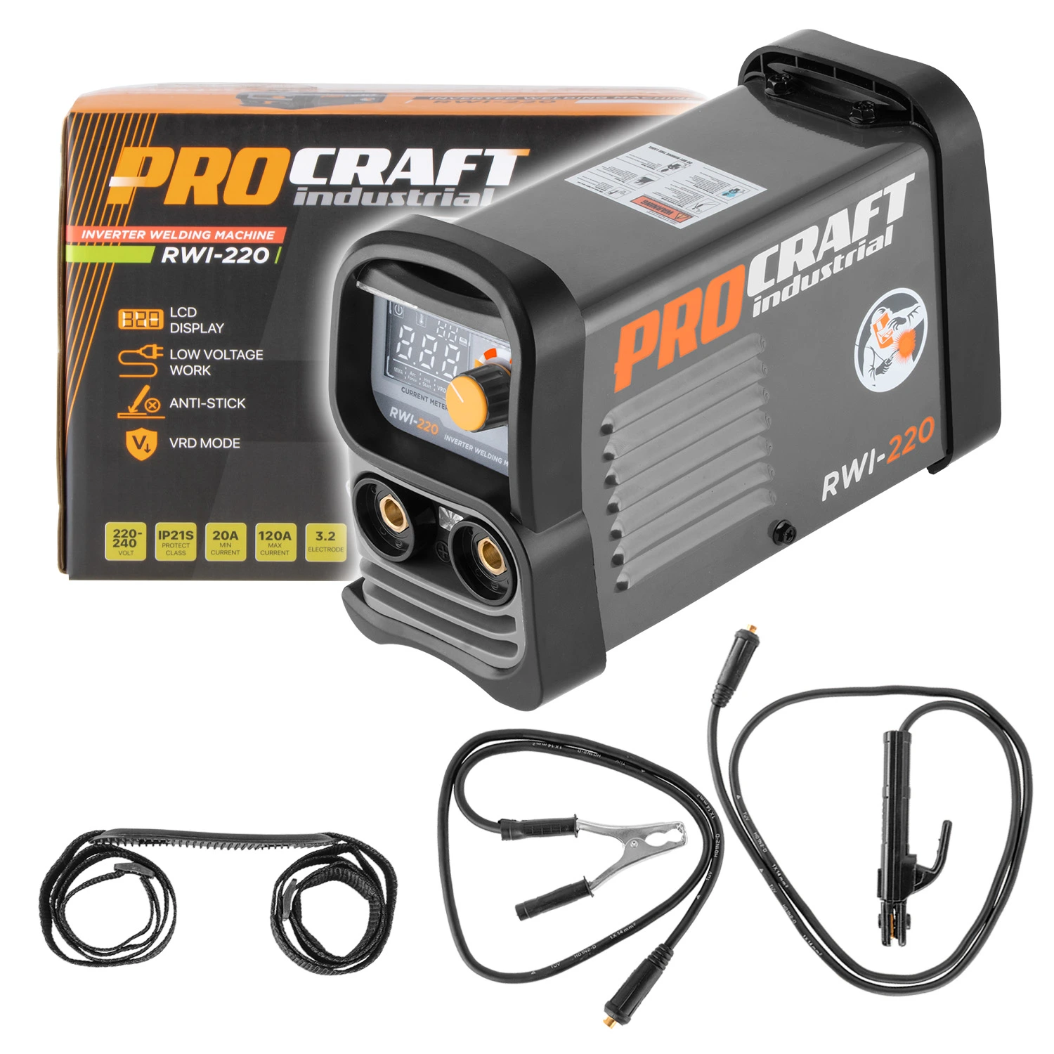 RWI-220 Инверторен електрожен PROCRAFT Industrial, 20-120 A, 1.6-3.2 мм, LCD дисплей, функция за Arc Force, Anti-Stick, Hot Start
