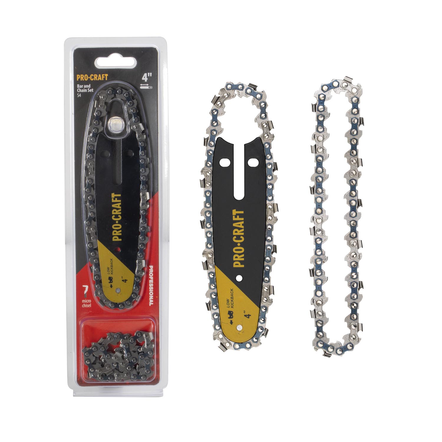 Procraft S4 Комплект шина и верига за трион (2 вериги и 1 шина), 4"/10см, стъпка 1/4, 14 зъби, 28 звена, 1.1 мм
