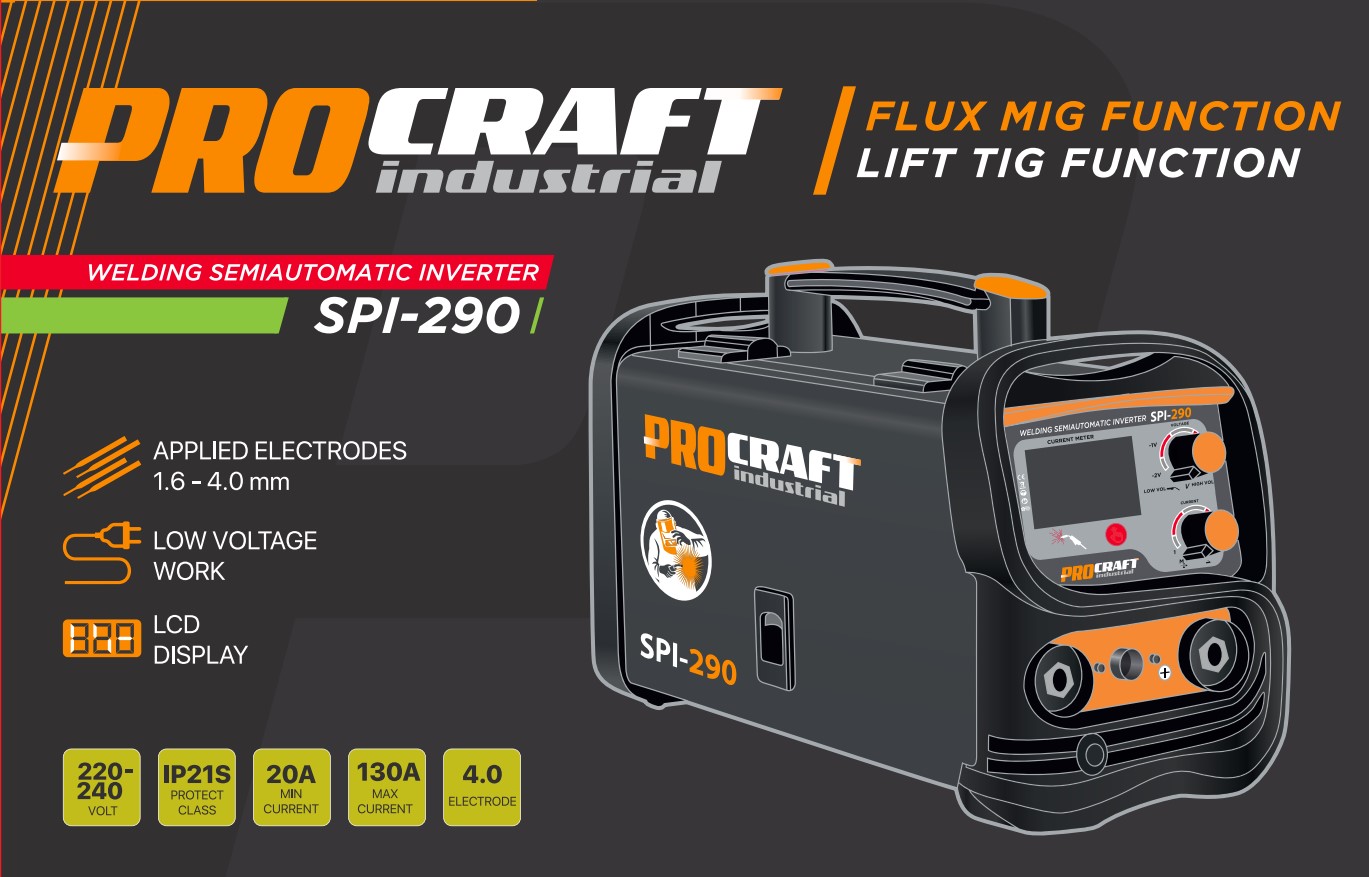 PROCRAFT SPI-290 Инверторен електрожен с телоподаващо устройство 2 в 1, 130 A, 1 кг, MMA, TIG lift, за плюсова тел
