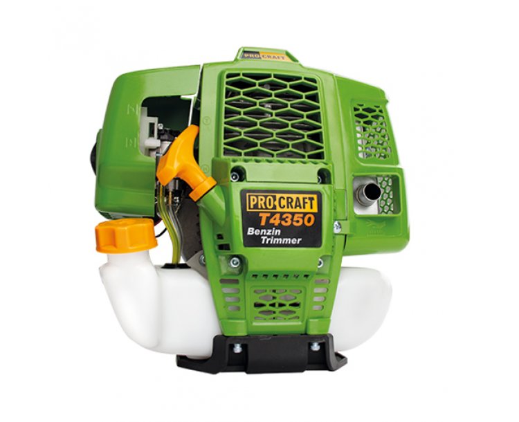 PROCRAFT T4350 Професионален двутактов бензинов тример с три ножа, автоматична тримерна глава и корда, самар, 28мм Ø прът, 52 куб/см / 1450 W / 9000 об./мин.
