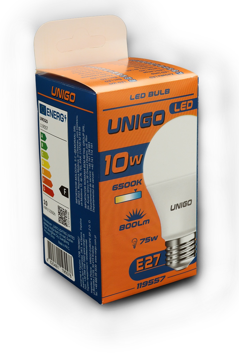 LED крушка A60, 10 W, E27, UNIGO V-119557, 6500K