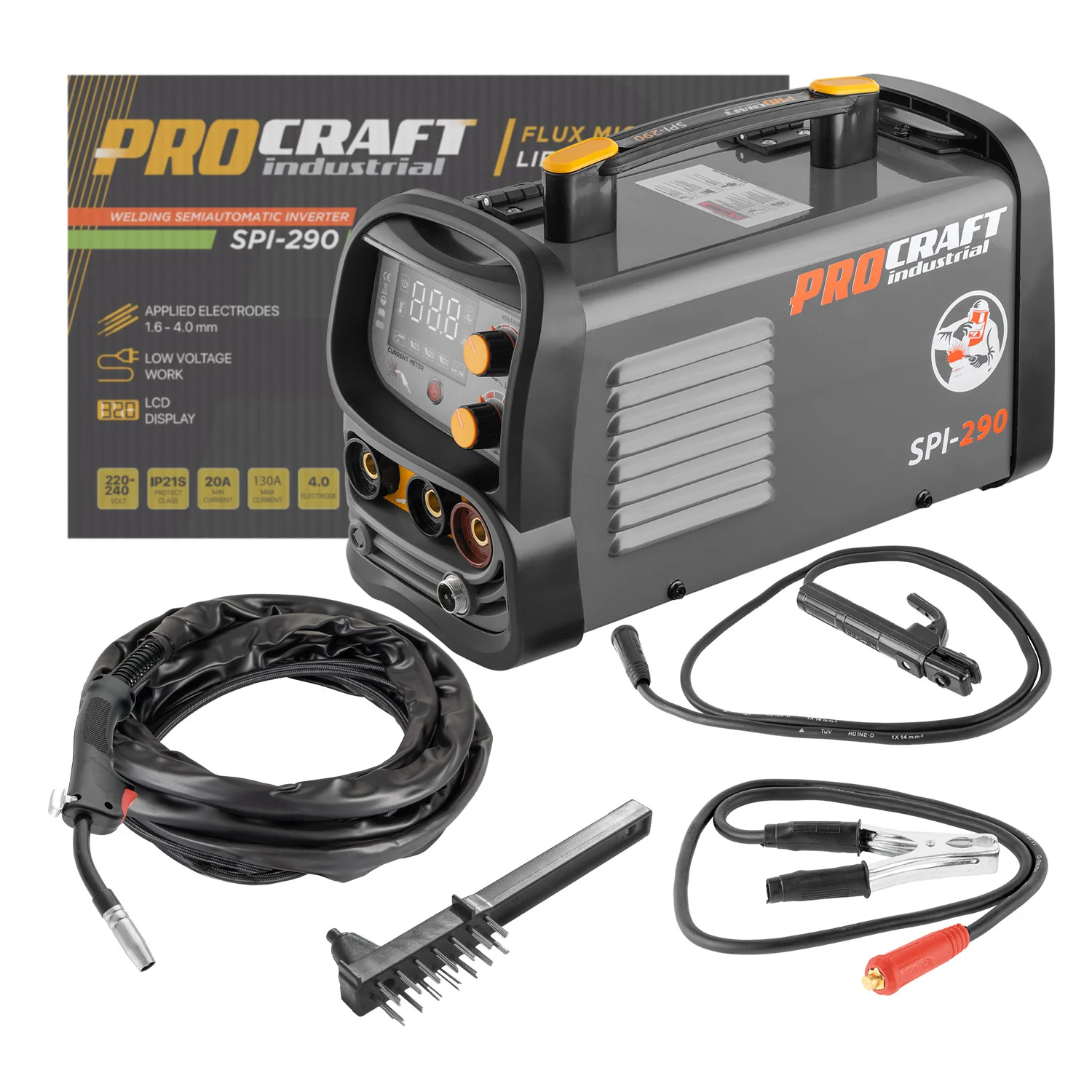 PROCRAFT SPI-290 Инверторен електрожен с телоподаващо устройство 2 в 1, 130 A, 1 кг, MMA, TIG lift, за плюсова тел