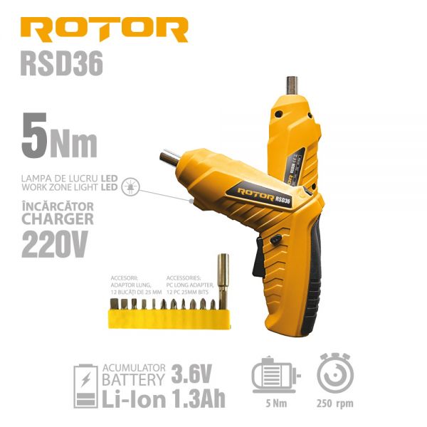 ROTOR RSD36 Акумулаторен винтоверт, 250 об/мин, 3.6V, 1.3Ah, комплект битове 12 бр, зорядно