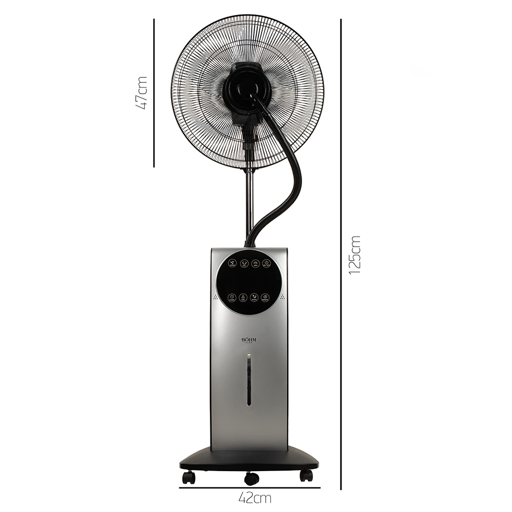 Вентилатор с водна мъгла, 40 см 16″ BÖHM BSP40-ED, 3 скорости, 90W, 3.1 литра вода, дистанционно управление, сензорен панел, 5 колела